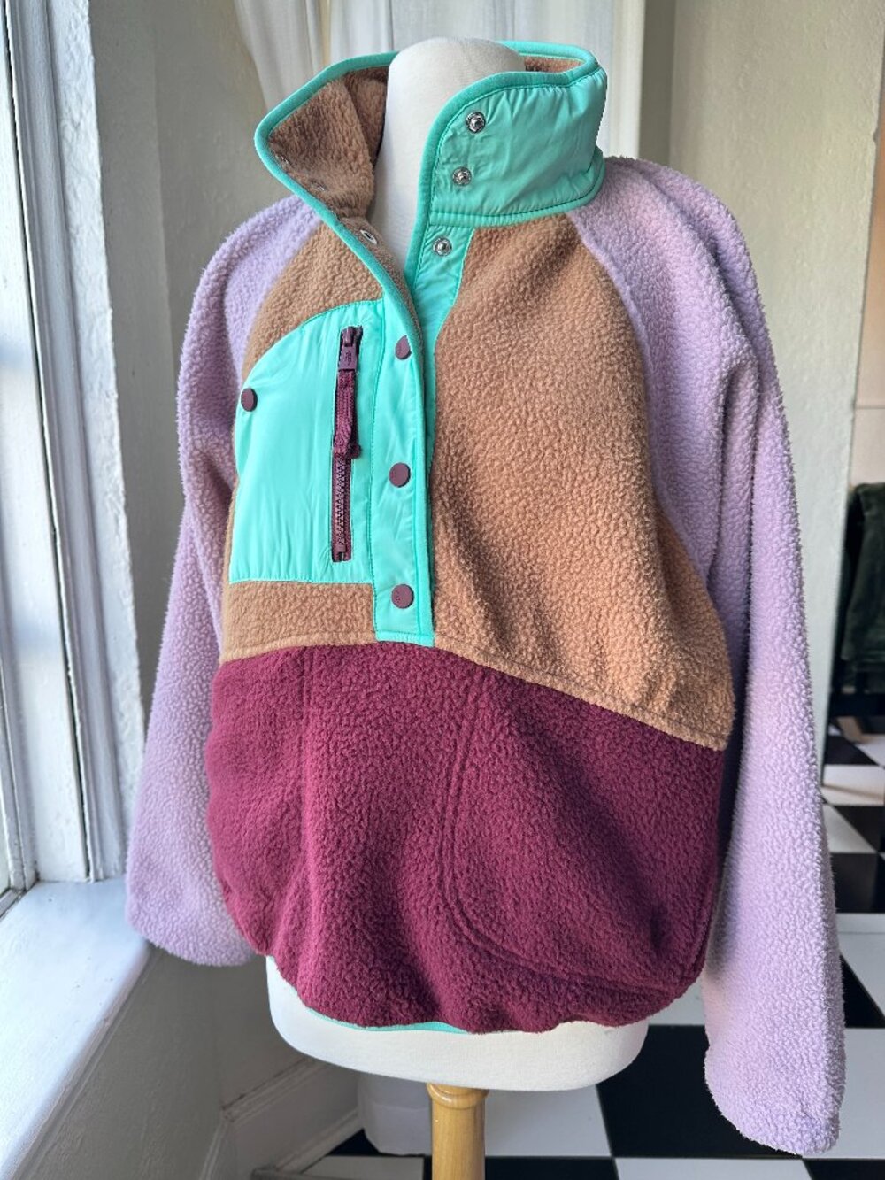 Free People Colorblock Fleece Pullover Women’s L Lavender Mint Burgundy